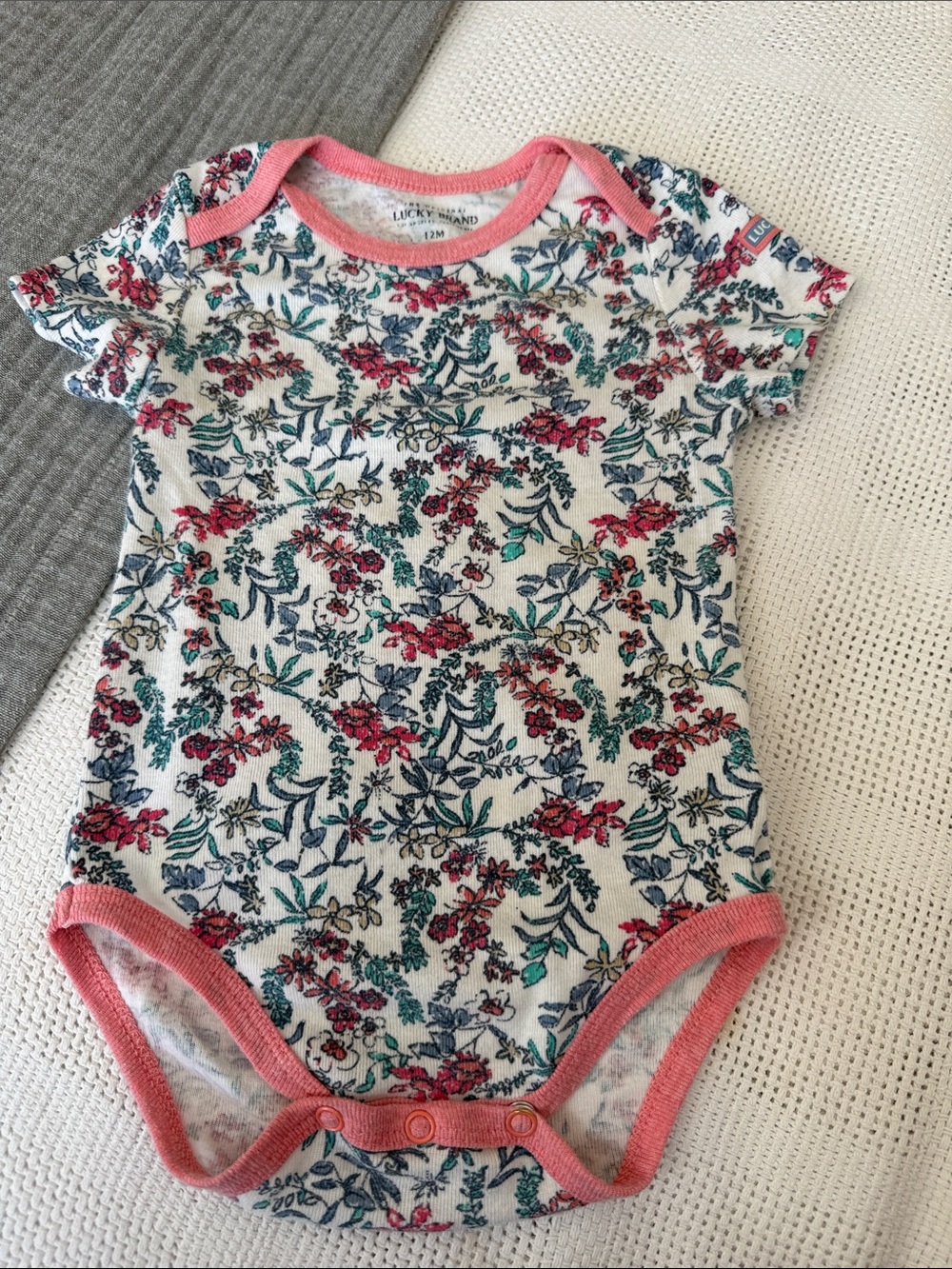 Lucky Brand White Floral One-Piece with Pink Trim